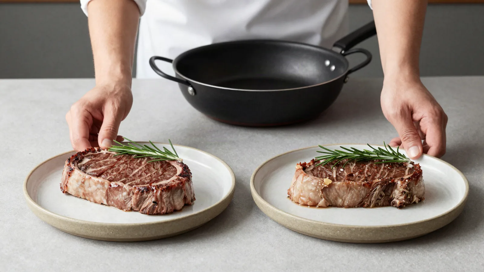 Deux steaks de bœuf comparables préparés avant cuisson