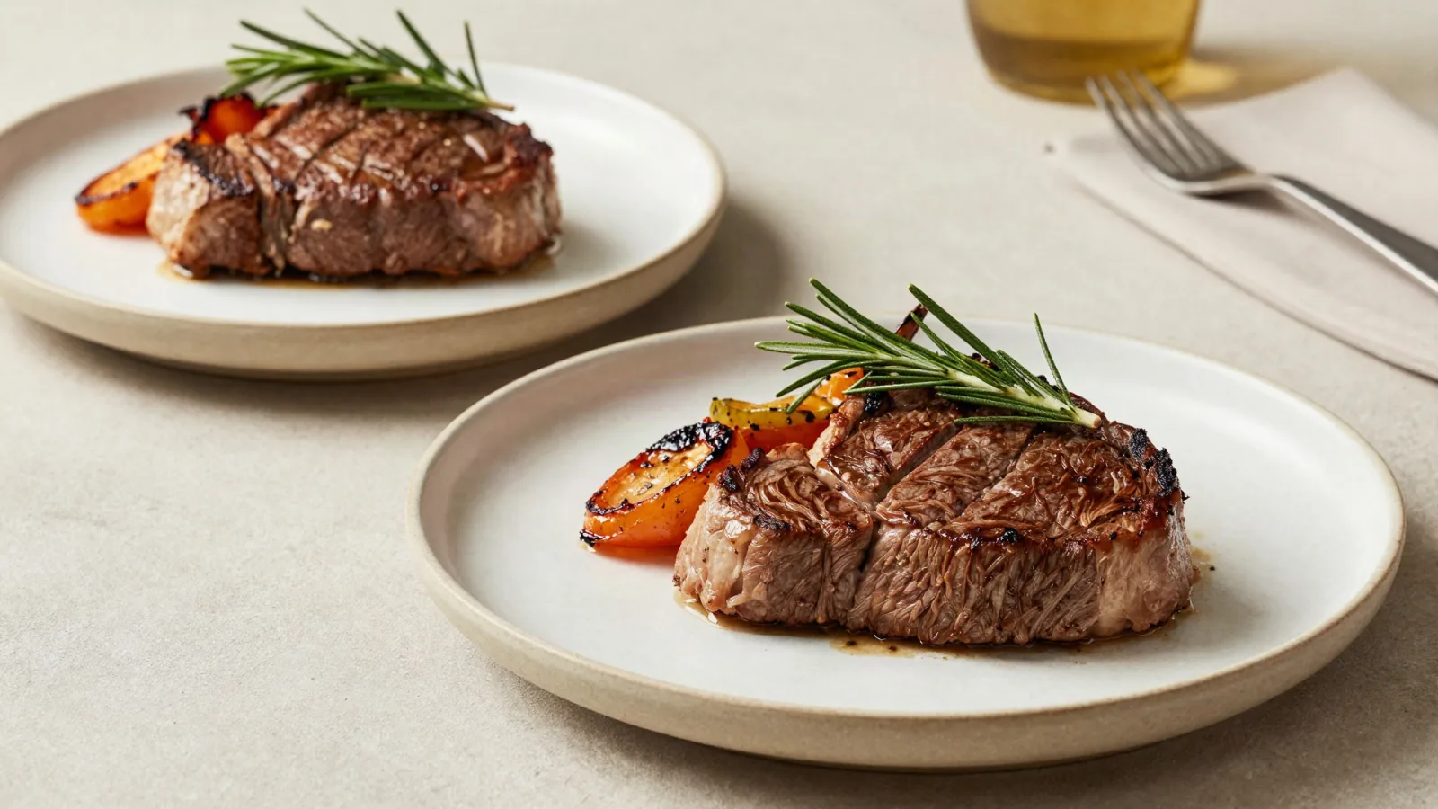 Deux pièces de bœuf cuisinées et servies avec des herbes