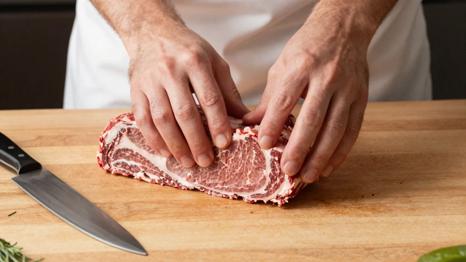 Boucher sélectionnant une pièce de bœuf sur un comptoir en bois