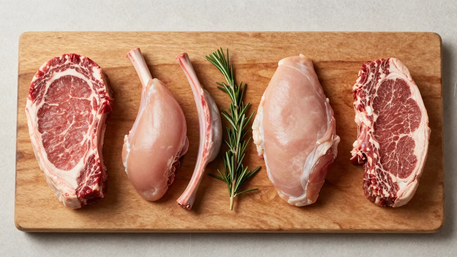 Différentes pièces de viande sur une planche de boucher