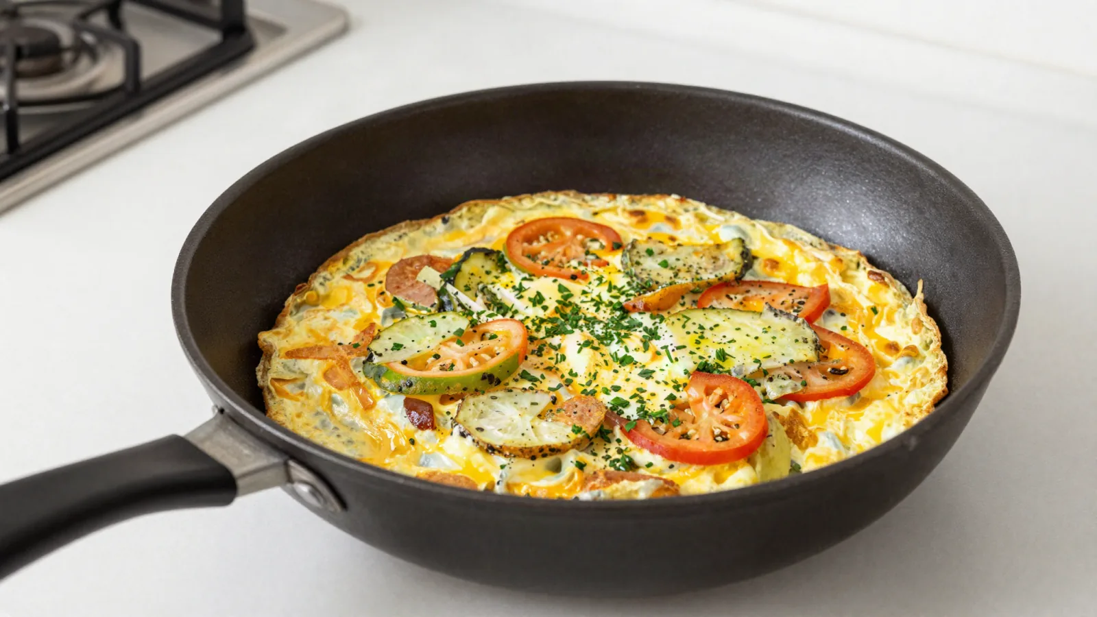 Omelette aux légumes cuite dans une poêle pour un dîner rapide