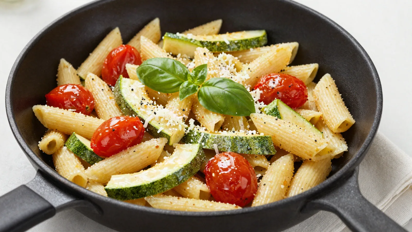Plat rapide de pâtes, courgettes et tomates cerises