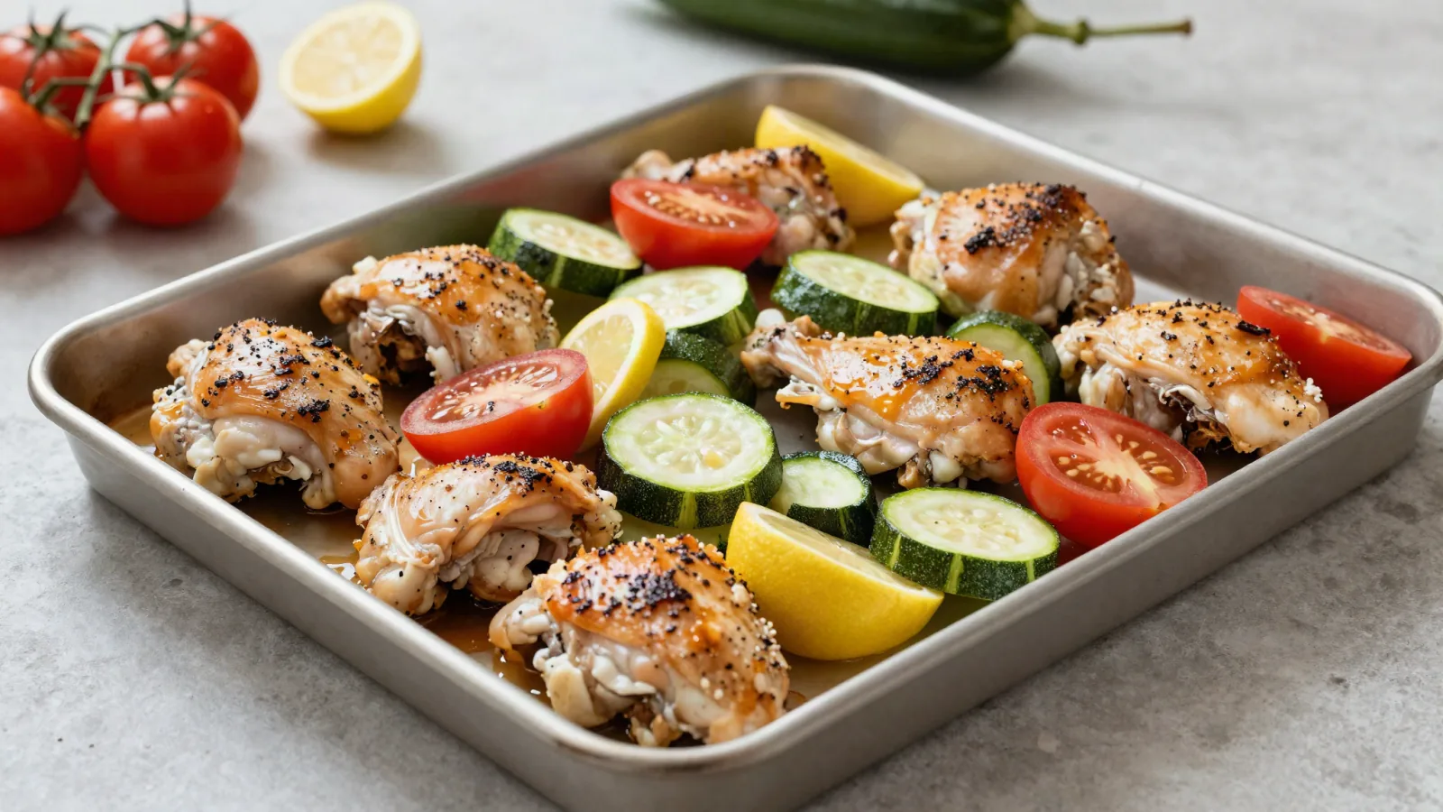 Plaque de poulet, courgettes et tomates pour un repas familial d’été