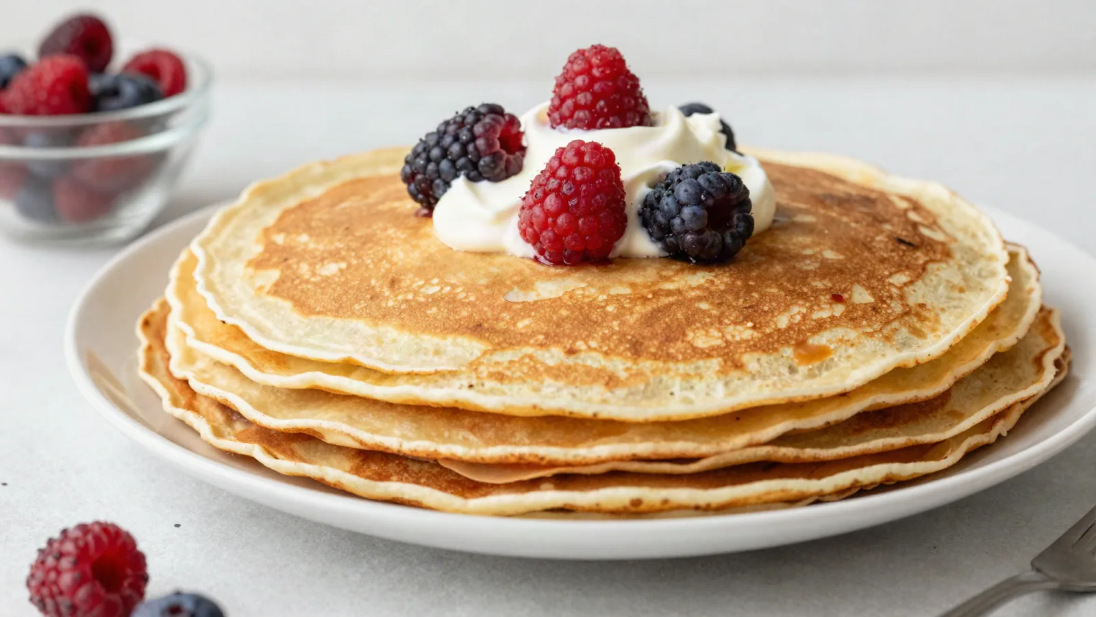 Crêpes légères servies avec fruits rouges et yaourt