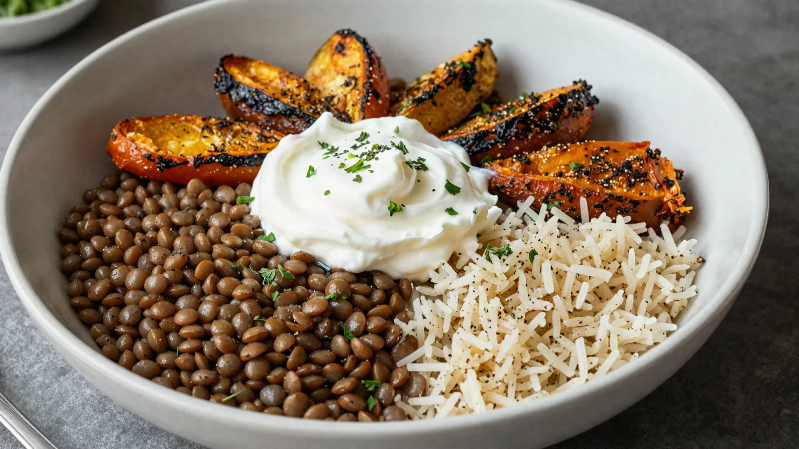 Repas du soir sans viande avec lentilles, riz et légumes