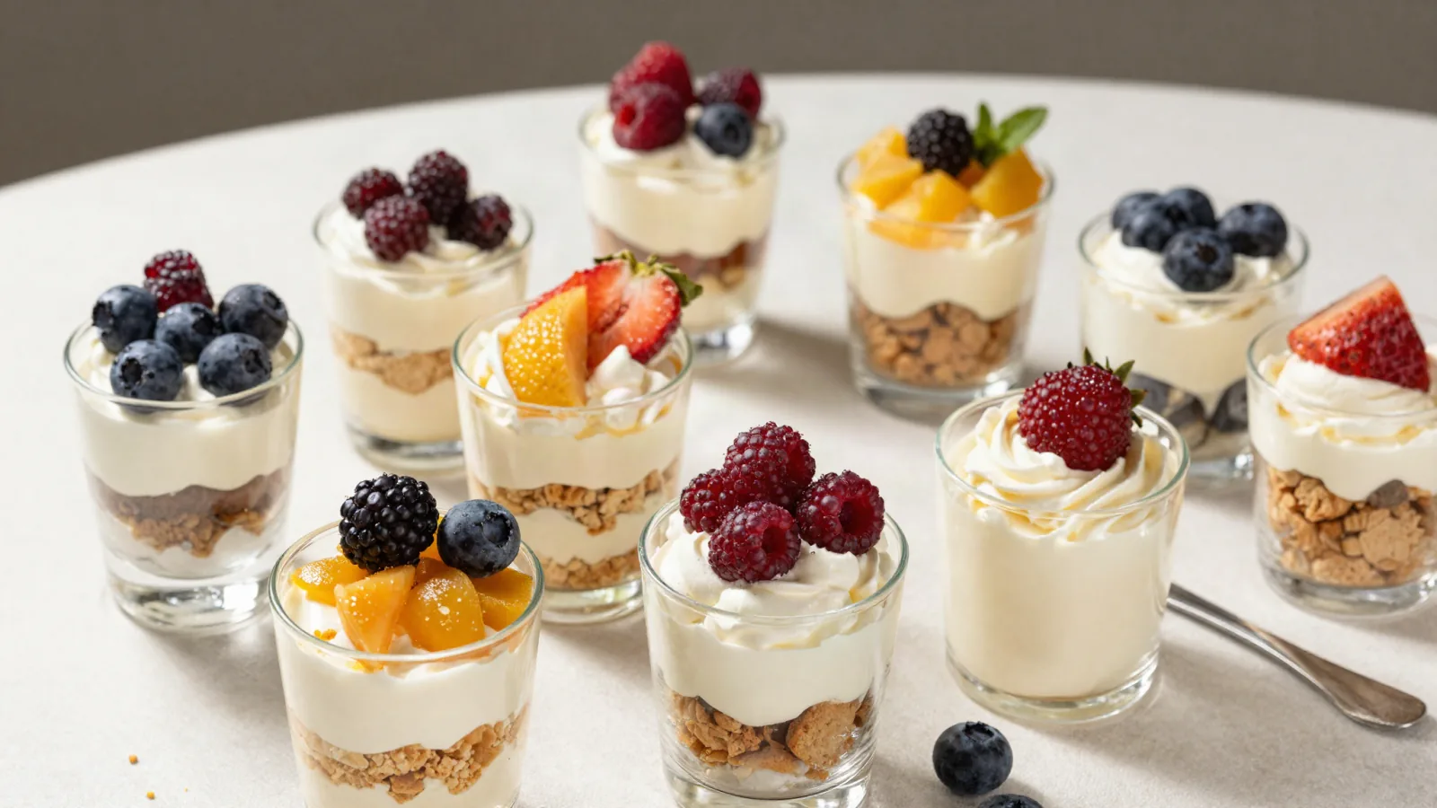 Verrines de dessert aux fruits, crème et biscuit émietté